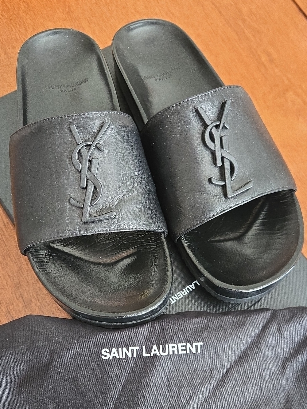 Saint Laurent Black Leather YSL Logo Slide Sandals